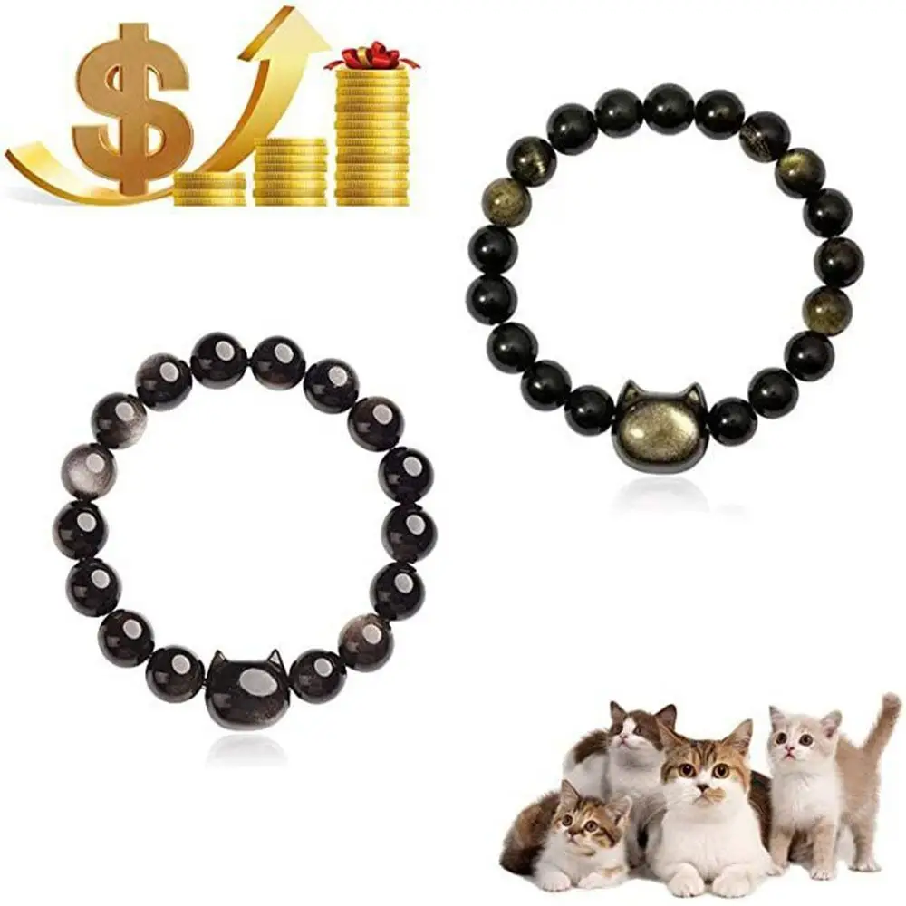 

Новые поглощающие минус энергии, подарок для пары, милые браслеты, защитный браслет с котом, золотистый, серебристый, блестящий обсидиановый браслет