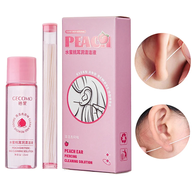 

1Set 60Pcs Cleaning Line+15ml Cleaning Liquid Pierced Ear Cleaning Set Peach Ear Holes Piercing Cleaning Solution Ear Care