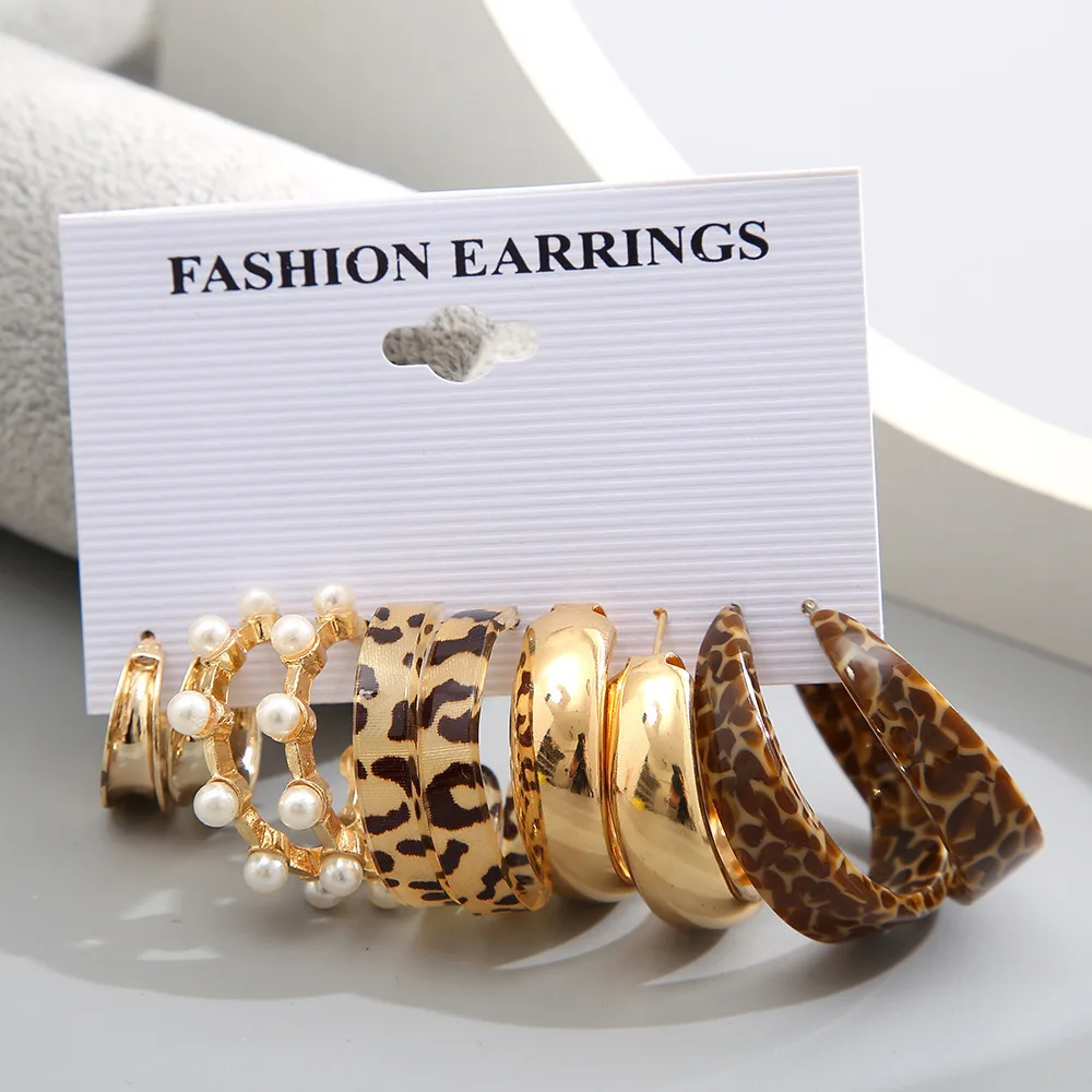 

Creative Acrylic Pearl Earring Set Five Pairs Women's Fashion Sexy Leopard Print Personality Earrings Trend Geometric Jewelry