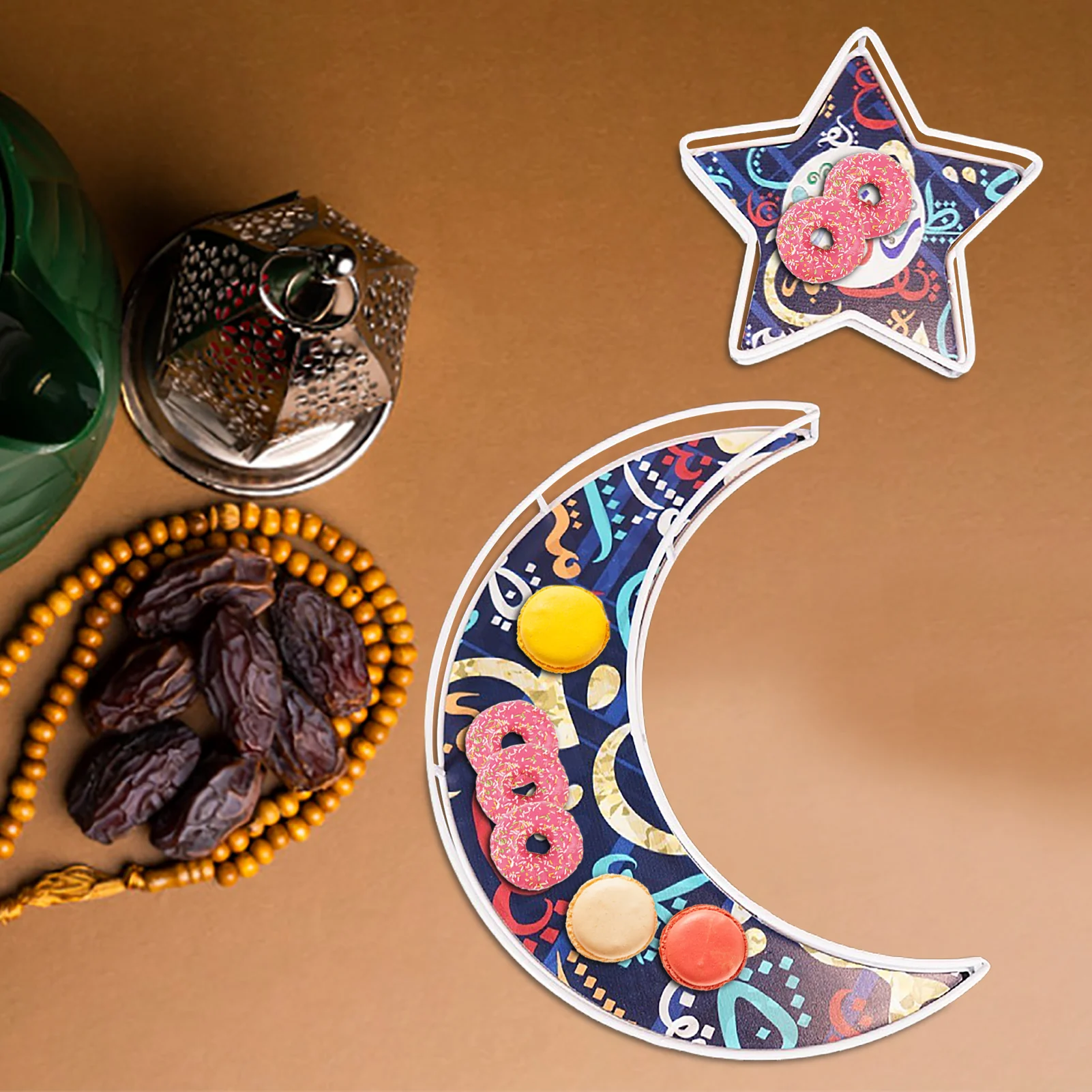 

2pcs Ramadan Moon Star Dessert Tray Eid Ramadan Iron Art Dinner Plate Table Crescent Tray For Muslim Party Festival Decoration