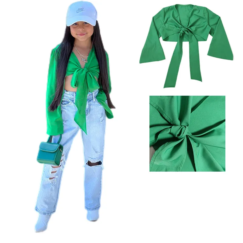 

Girls Summer BowTie Blouses 2-7Years Children Summer Sunproof Shirts Teen Solid Tracksuit Long Sleeve Shirt Kids Outfits Clothes