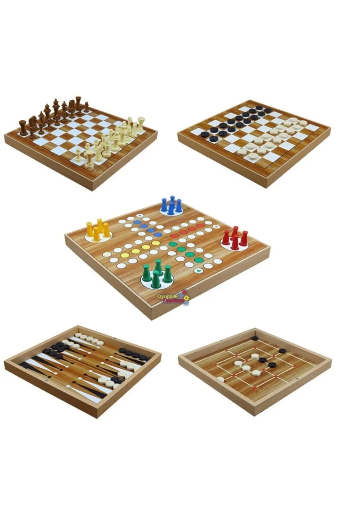 

Wood 5'li Set Ludo Backgammon Chess 9 Stone And Checkers Box Game