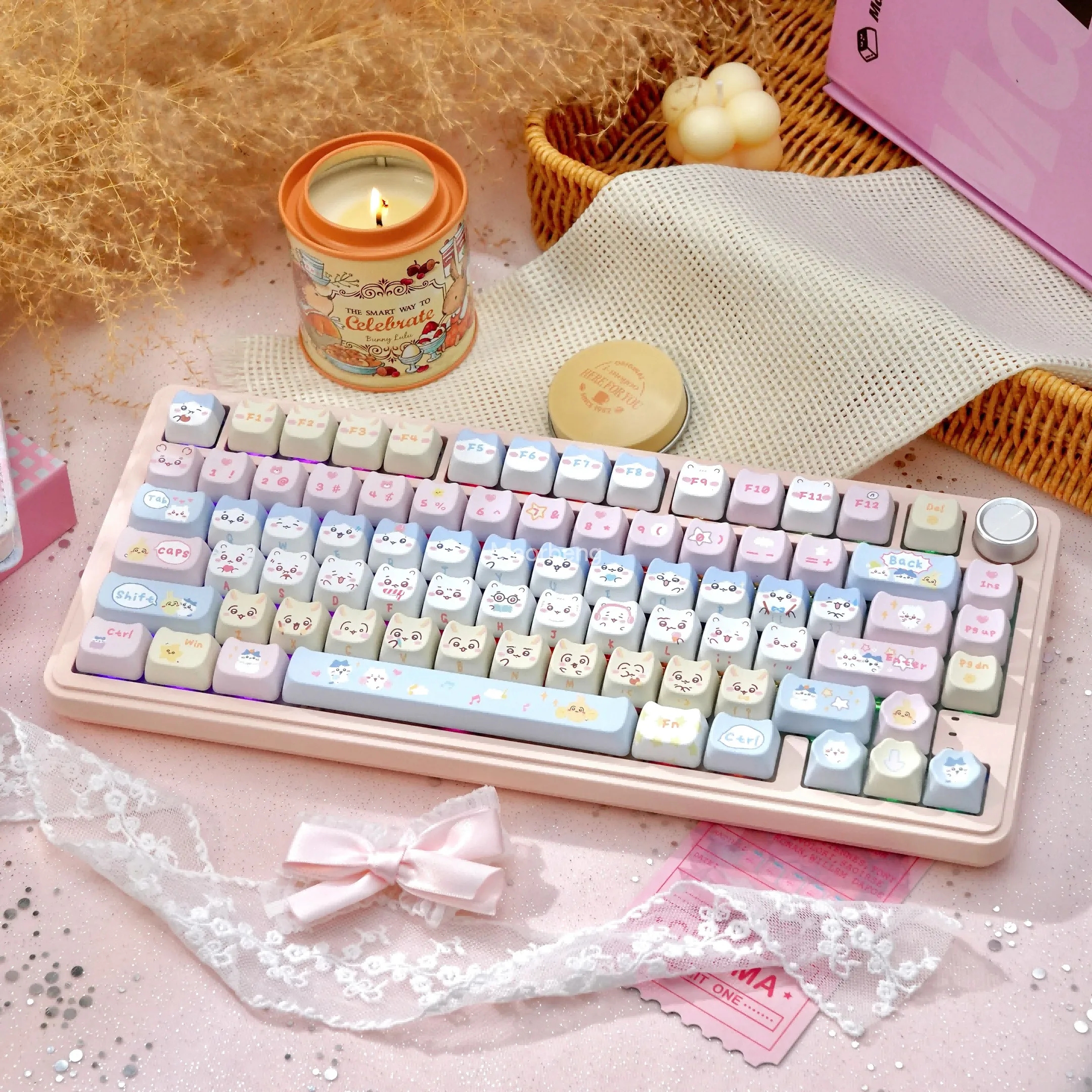 Беспроводная игровая механическая клавиатура SUMREDA RS7 Cute Pink, 80% форм-фактор, Bluetooth, 2.4G, проводная, RGB, с возможностью горячей замены переключателей, для геймеров, бесконтактная (art.: 3920dad36daef) - 3920dad36daef