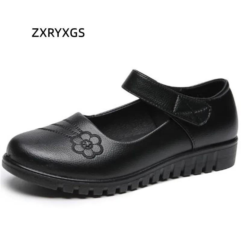 

ZXRYXGS Genuine Leather Mom Shoes Flat Non-slip Women Shoes Fashion Casual Shoes New 2023 Middle-aged Mother's Flats Large Size