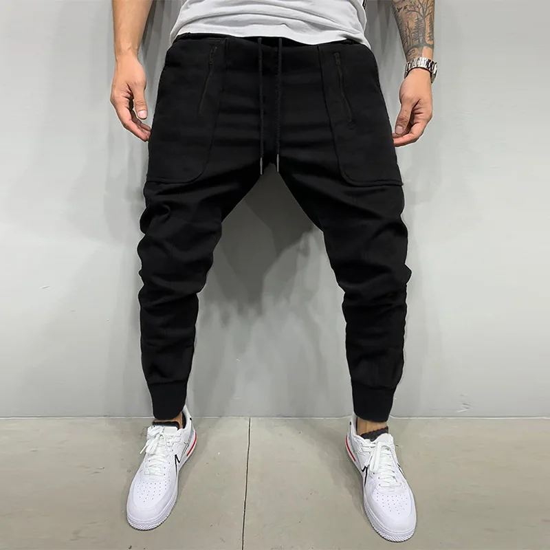 

2022 European size solid color black men's tethered pencil pants youth casual street trousers mens pants