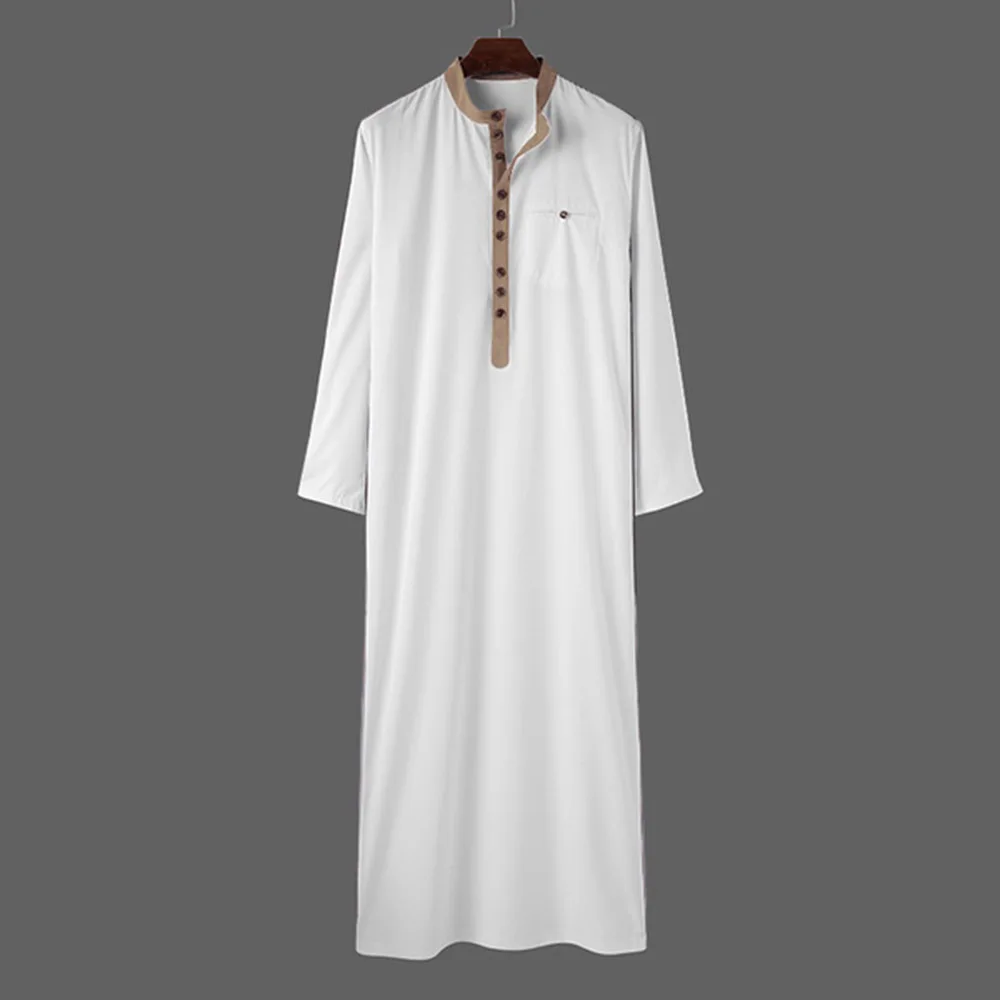 Brand New Muslim Robe White Yellow Caftan Men Caftan Long Sleeve Round Button Muslim Clothing Breathable Eid Dubai Ethni