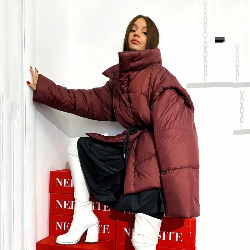 Button Cardigan Waist Tie Elastic Stand Collar Cotton Padded Jacket Womens Sleeve Detachable Cotton Padded Jacket Women