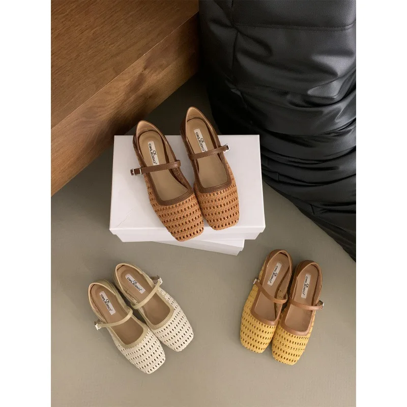 Туфли женские с квадратным носком вязаная обувь на плоской подошве в стиле ретро