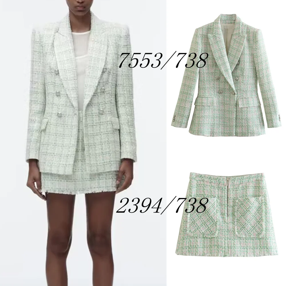 

PB&ZA Spring New Women's Clothing Textured Double-breasted Suit Jacket + High Waist Skirt Pants Two-piece Set 7553738