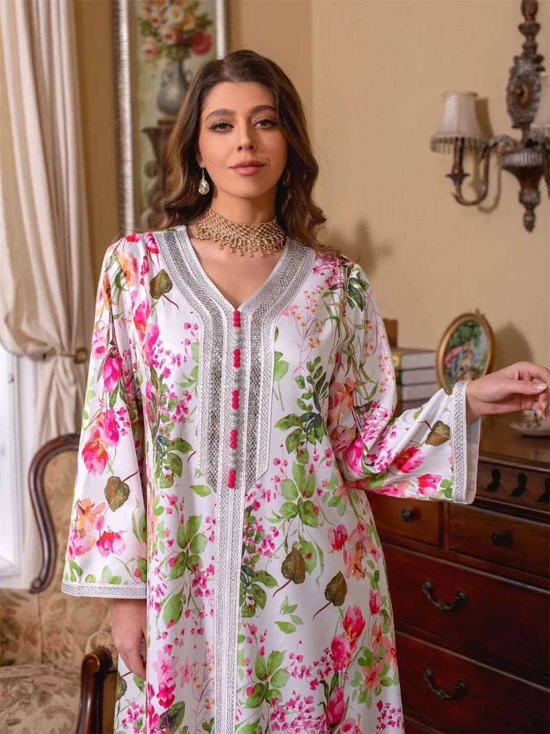 Spring Ethnic Floral Printed Long Dresses Musilim Fashion Diamonds V-Neck Lace Tape Dress Eid Mubarak Modest Clothing Women