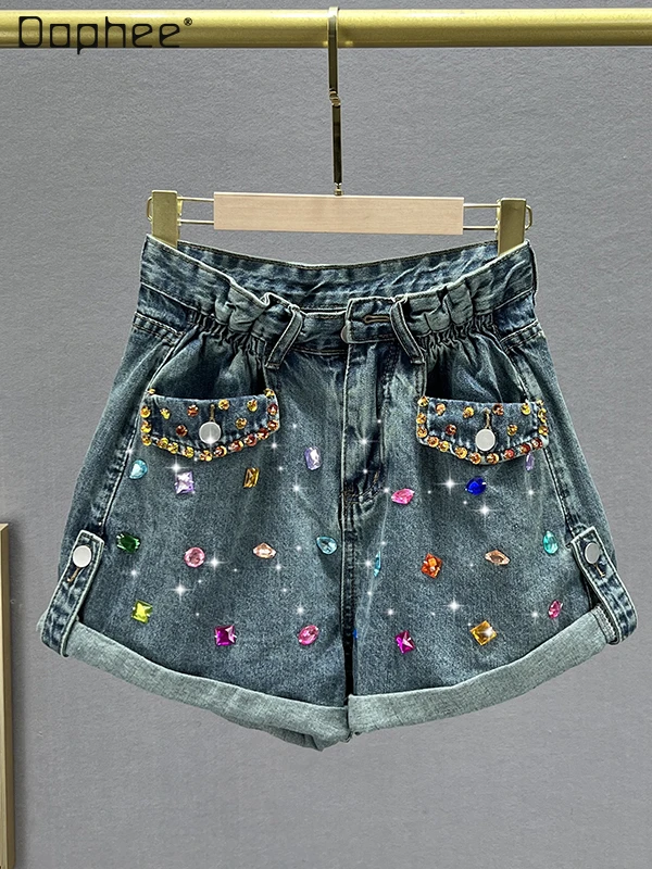 

Сексуальные джинсовые шорты с бриллиантами для девушек, Новинка лета 2023, свободные широкие шорты с высокой талией и широкими штанинами, женская одежда, джинсовые шорты