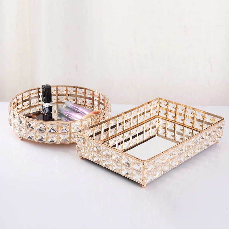 

European Crystal Cake Stand Mirror Cupcake Dessert Display Plate Make Up Jewelry Storage Wedding Event Birthday Home Tray Decor