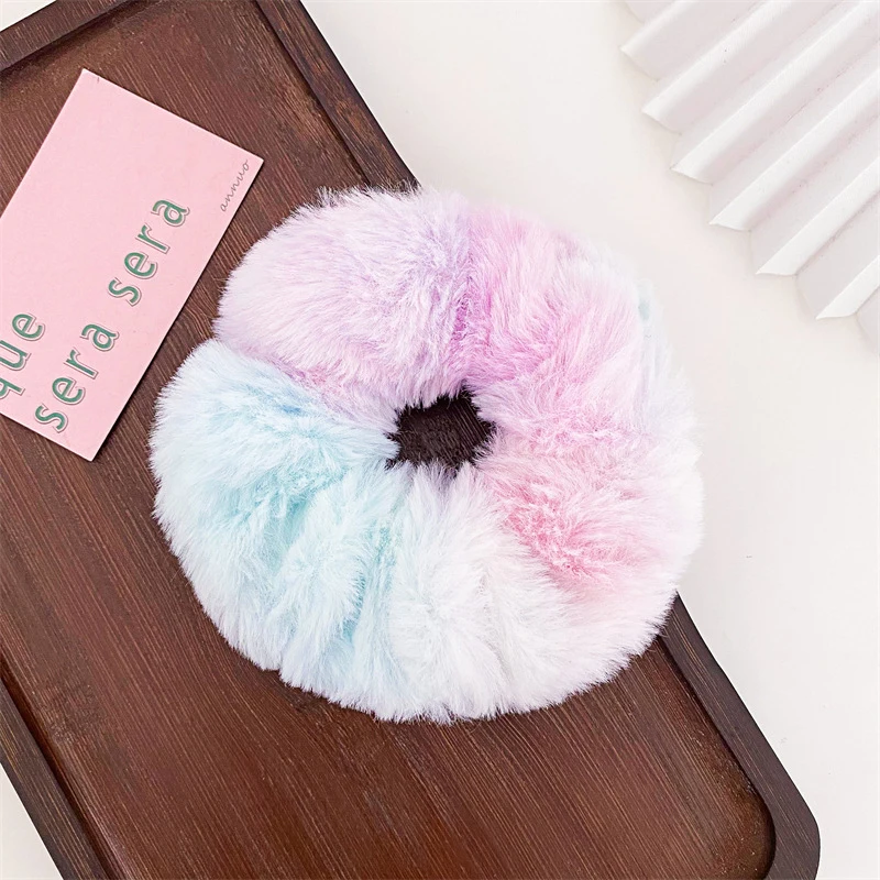

1PC Girls Elastic tie-dyed Faux Rabbit Fur Scrunchie Hair Rope Mink fur Ponytail Holder Elastic Plush Hair Ring Hair Accessories