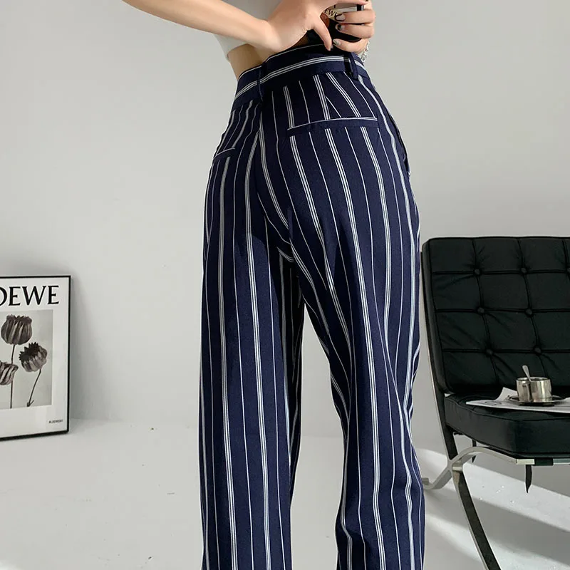 

Vintage Streetwear Striped Straight Pants Women Korean Fashion Loose High Waist Wide-leg Pant 2022 New Spring Autumn