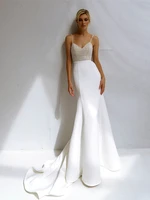sexy beaded mermaid wedding dress 2022 v neck pearls sleeveless sheath satin court train for woman custom made