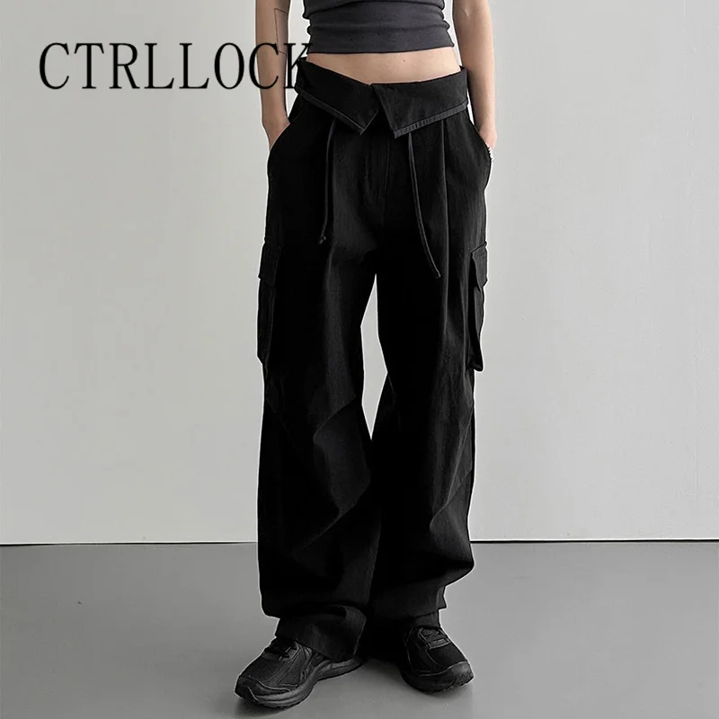 Штаны карго CTRLLOCK Normcore с отложной талией шикарные черные брюки на шнуровке