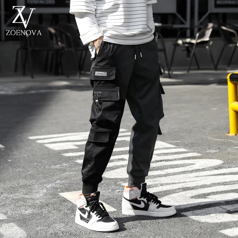 HIQOR Ribbons Multi Pockets Cargo Pants Men Harajuku Casual Track Trouser Hip Hop Streetwear Techwear Pants Joggers Men