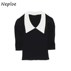 Новинка осени 2022, Модный Милый джемпер Neploe, приталенный вязаный пуловер с отложным воротником и рукавом до локтя, женские свитера в японском стиле