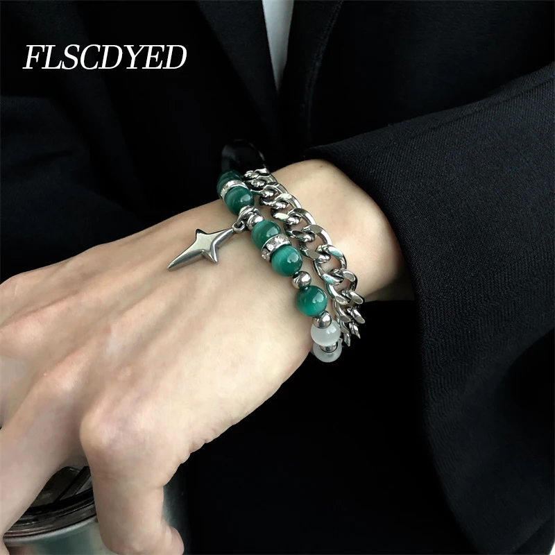

FLSCDYED Green Paneled Double Opal Stone Chain Bracelet for Women Men Doji Stainless Steel Vintage Fashion Браслет 2022 Jewelry