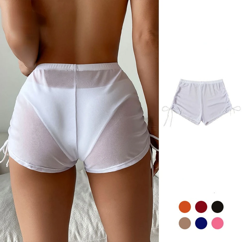 

Women's Sexy Solid Color Four Corners Transparent Mesh Drawstring Beach Swimming Trunks Bikini Shorts