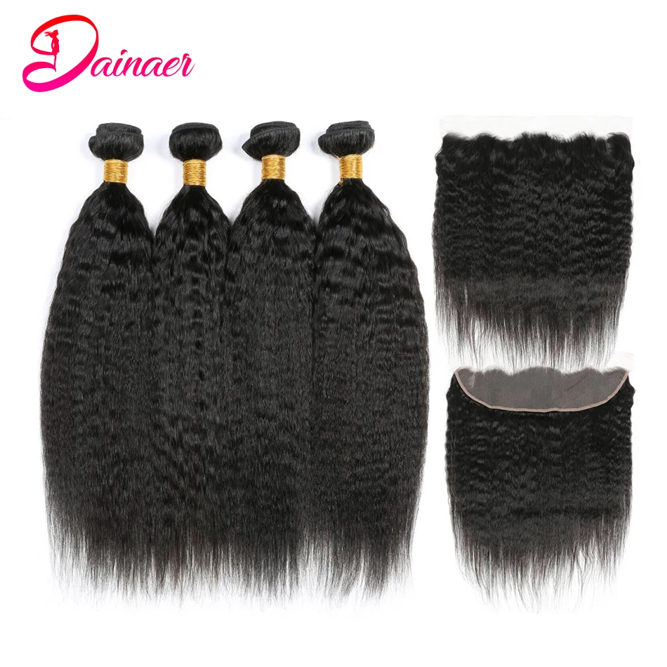 

Yaki Straight Human Hair Bundles With13x4 Frontal Mongolian Hair Kinky Straight Hair Frontal With Bundles 100% Remy Human Hair