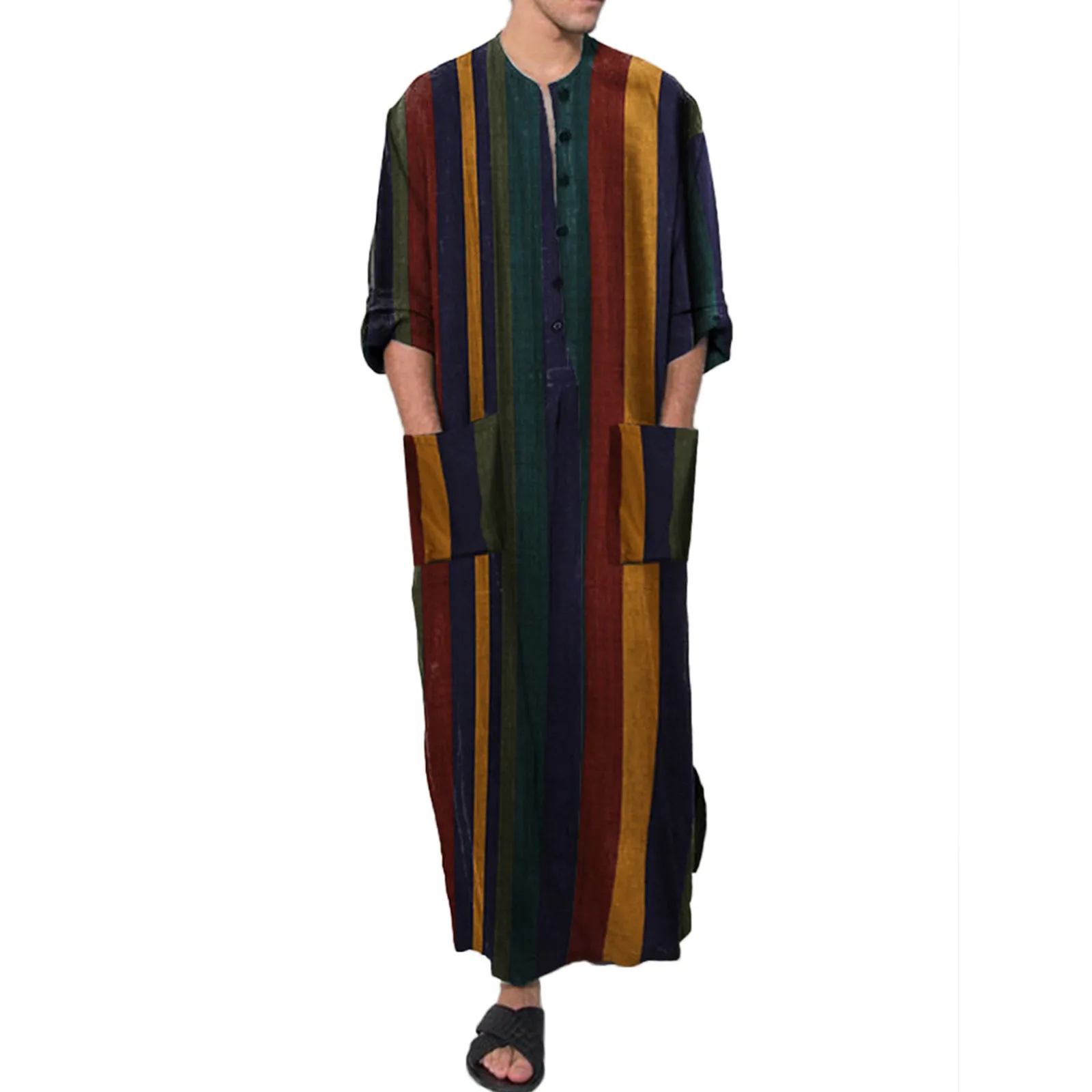 

Men's Nightgown Robes Arabian Striped Shirt Ethnic Clothing Long Sleeves Retro Kimono House Skirt Cotton Bathrobe Lingerie