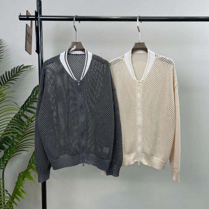 

Женская трикотажная льняная куртка на молнии, с вырезами и блестками, с цветным блочным воротником, Новинка осени 2023