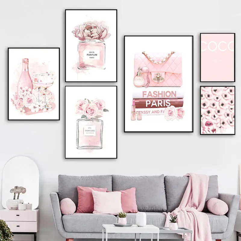

Pink Fashion PARI COCO Flower Poster And Prints Chane Perfume Heels Canvas Painting Living Girl Room Home Decor Wall Art Picture