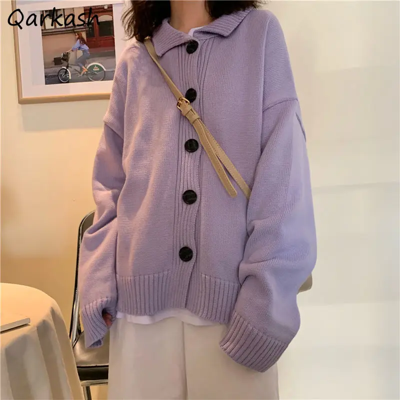 

Women Turn-down Collar Cardigan Oversize Simple Outwear Solid Soft Teenagers Knitted Fashion Slouchy Sweaters Females All-match