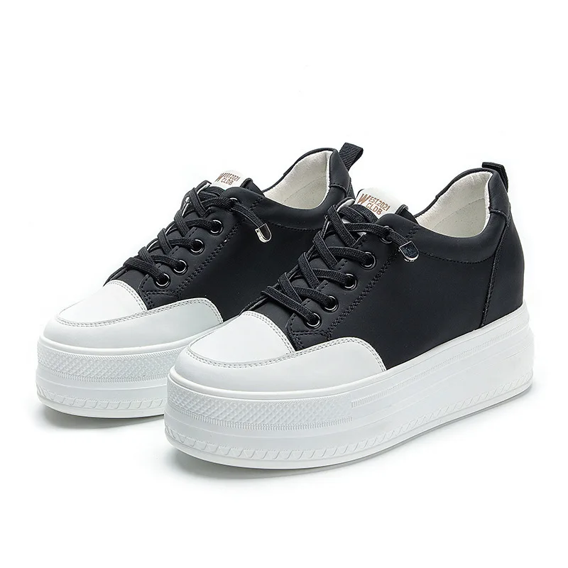 

8cm Genuine Leather Women Shoes Chunky Sneakers White Slip on Women Casual Shoes Fashion Sneakers Platform Wedge