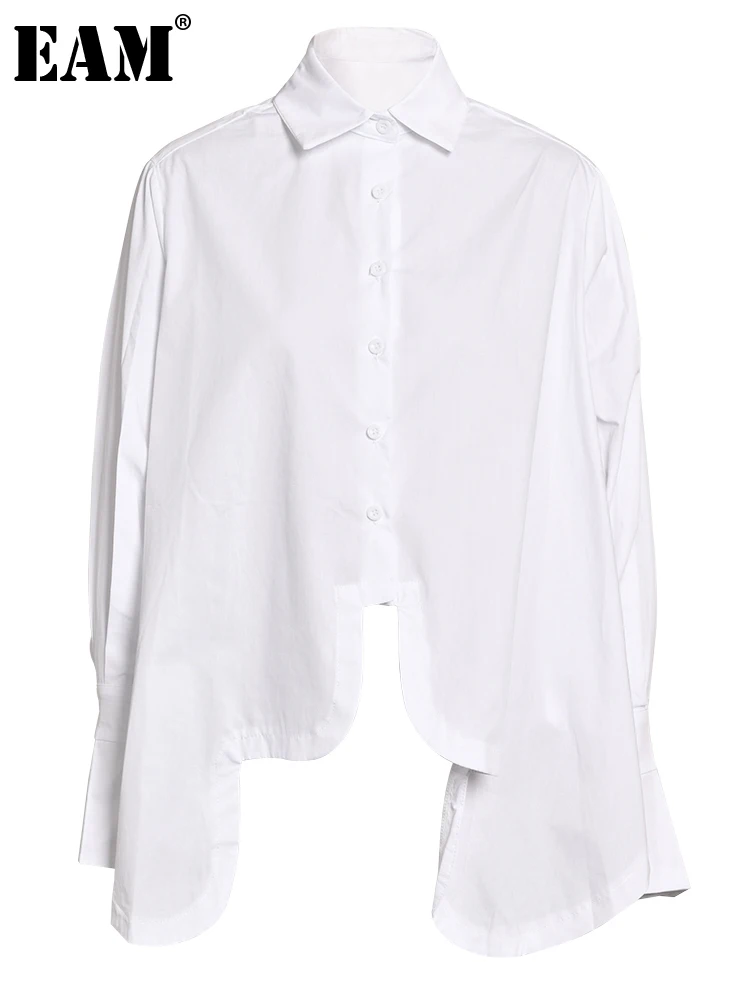 

[EAM] Women White Irregular Big Size Blouse New Lapel Long Sleeve Loose Fit Shirt Fashion Tide Spring Autumn 2023 JO19500
