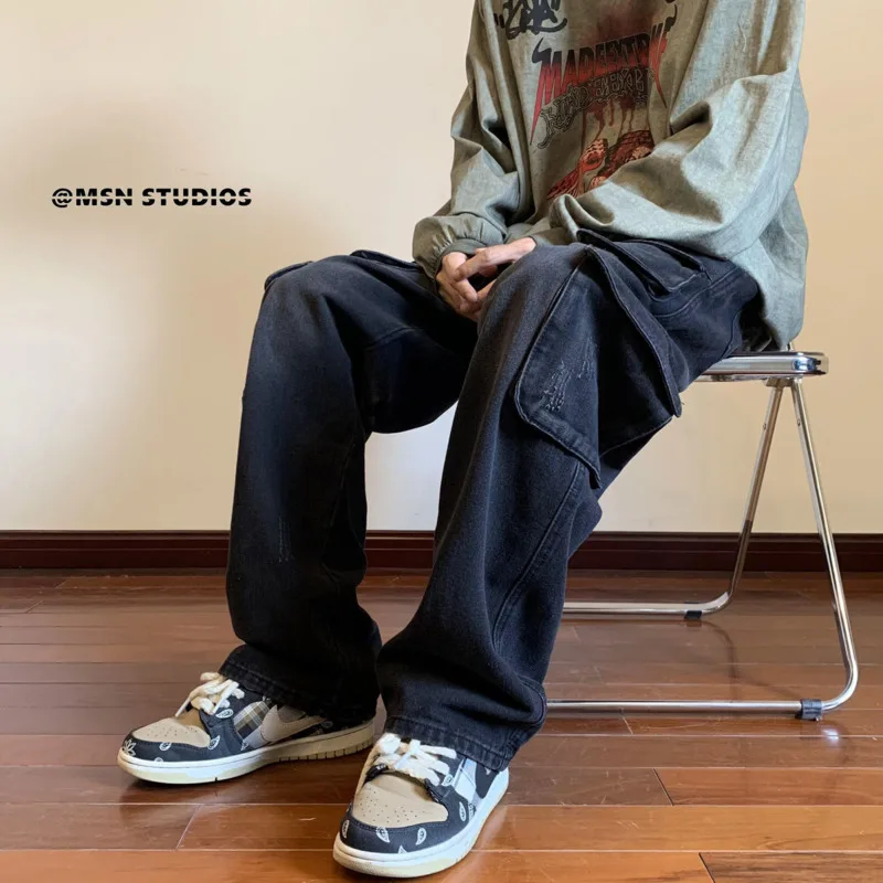 Blue Black Baggy Jeans Men Fashion Retro Pocket Cargo Jeans Men Streetwear Hip Hop Loose Straight Denim Pants Mens Trousers