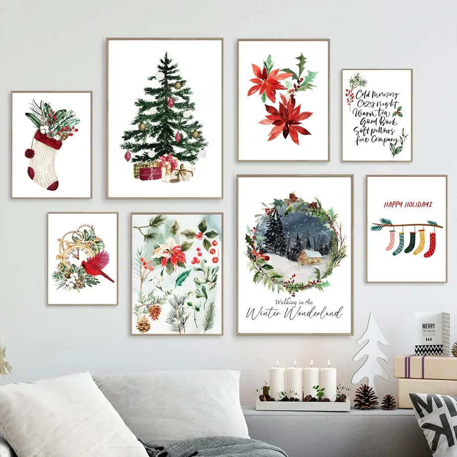 Рождественская тема сосна Цветок Птица Красный Дом снег настенное искусство