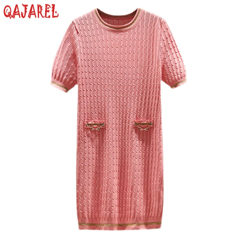 Женское жаккардовое трикотажное платье средней длины розовое хлопковое
