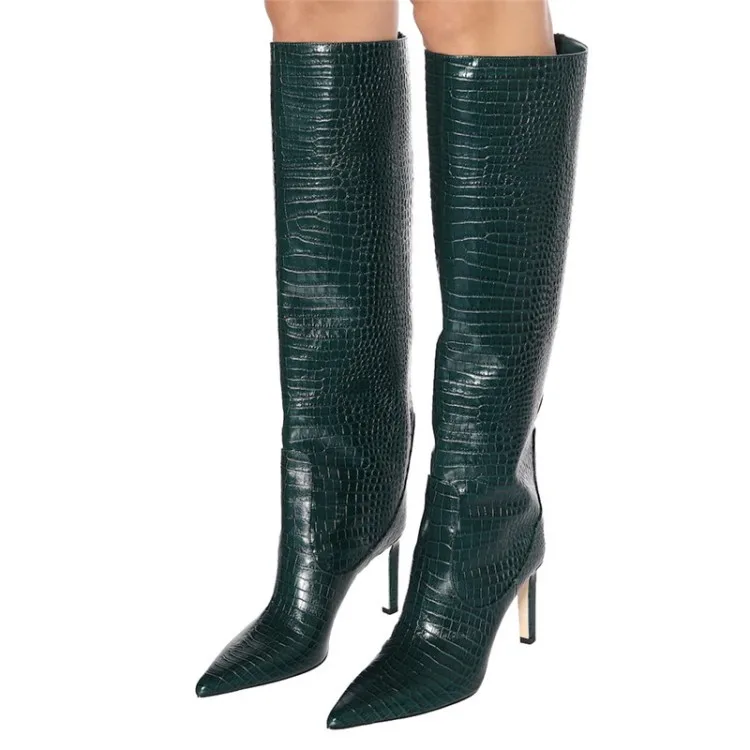 

Crocodile Print Pointed Toe Runway Boots Women Stiletto High Heels Slip-on Knee High Boots Ladies Solid Thin Heels Party Shoes