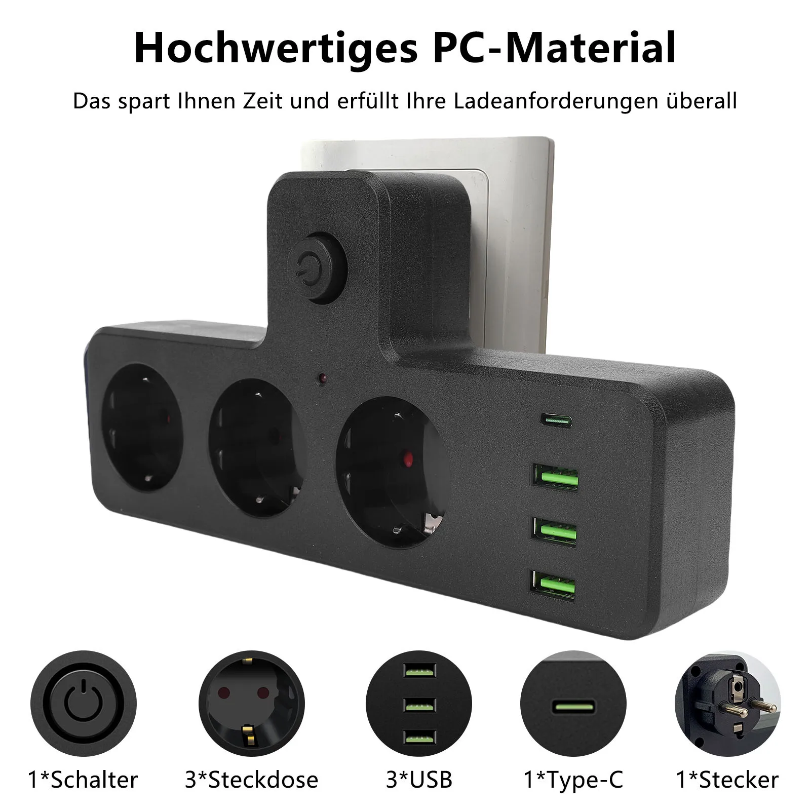 Фото Удлинитель розетки 3 розетки переменного тока 3 USB-порта 1 порт типа C Многофункциональный удлинитель с выключателем для дома №3