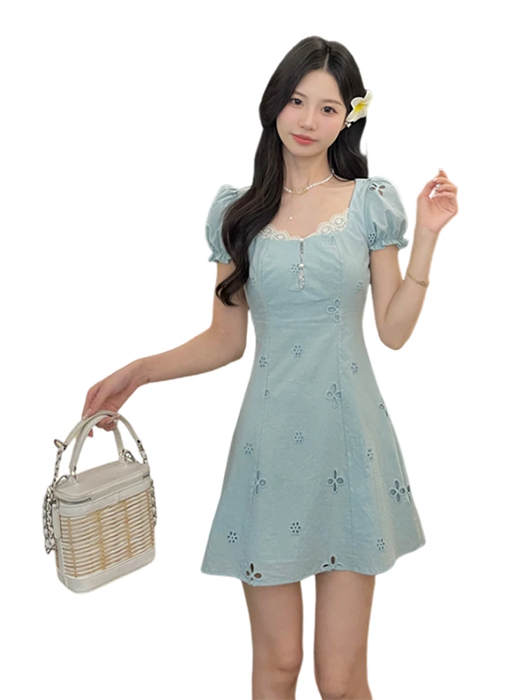 Design Blue Hollow out French sle Dress Children Summer 2024 New Elegant High Sense Tea Break Long dress |