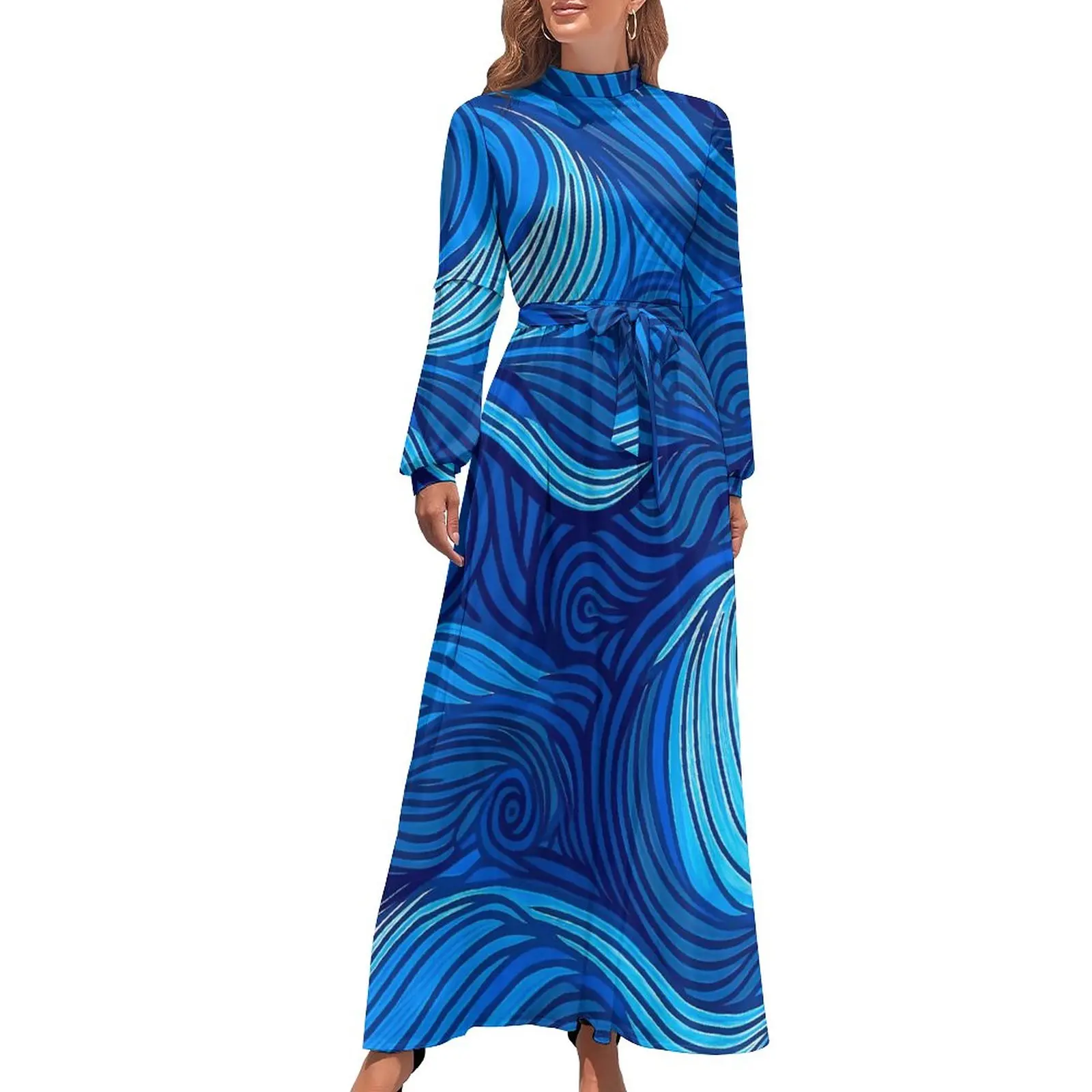 

Ocean Water Wave Dress High Waist Abstract Blue Custom Bohemia Dresses Long Sleeve Aesthetic Long Maxi Dress Elegant Clothing
