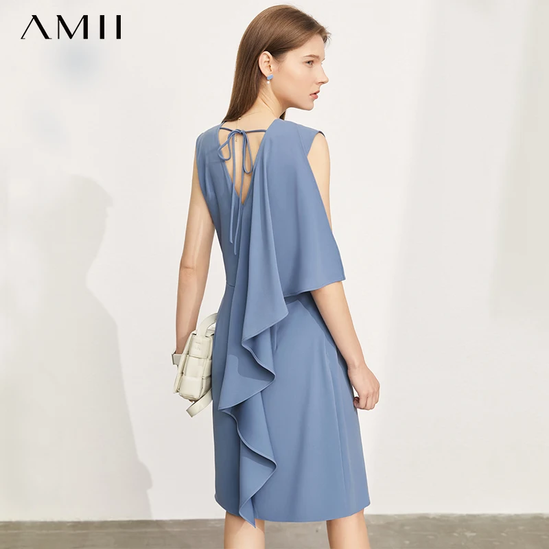 

Amii Minimalism Summer New Women's Dress Offical Lady Solid Vneck Ruffles Women's Dress Temperament Women's Party Dress 12170385