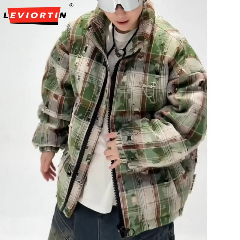 Зимний модный брендовый пуховик 2024 с перфорированным клетчатым узором для