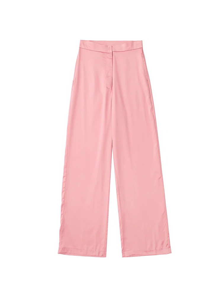 

PB&ZA3397685 Women 2022 New Fashion Straight satin long Pants Vintage High Waist Zipper Fly Female Trousers Mujer 3397/685
