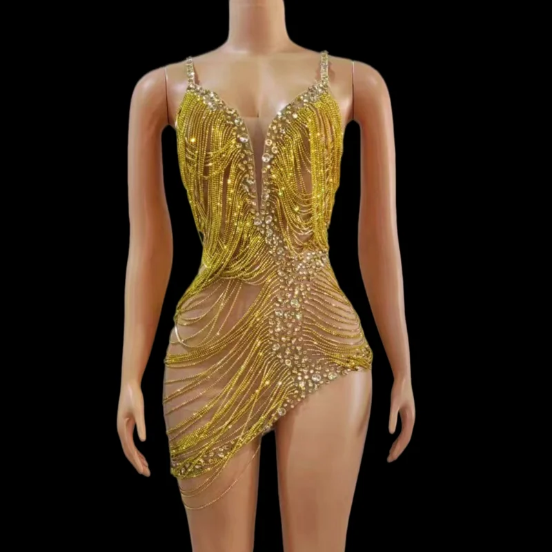 

Short Dress Evening Birthday Celebrate Costume Flashing Silver Rhinestones Transparent Chain Women Dance Sexy Dress