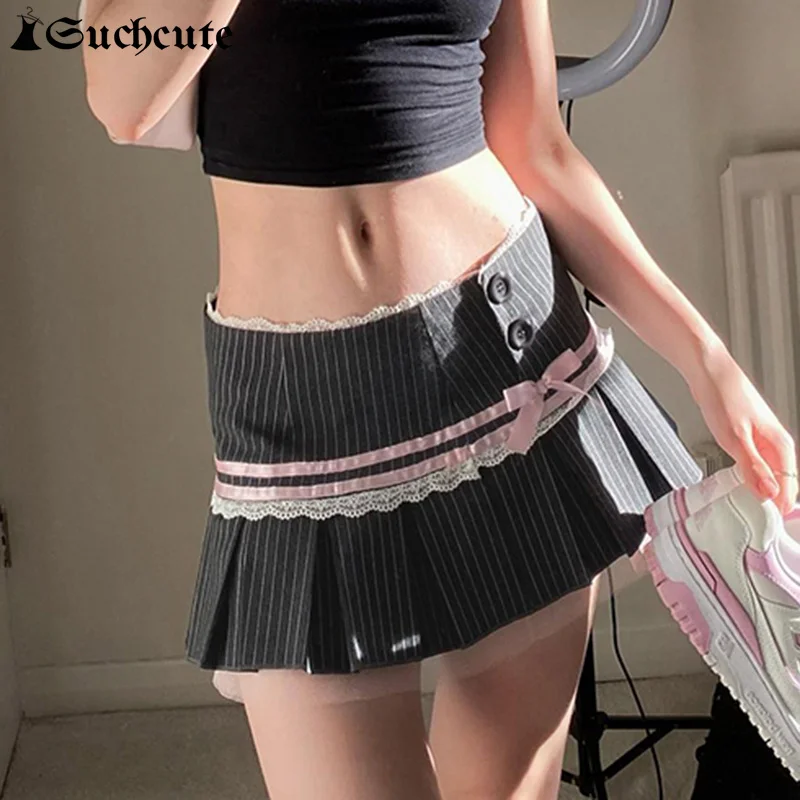 

SUCHCUTE Striped Pleated Mini Skirt Women Kawaii Bow Ribbons Preppy Style Short Skirt Casual Y2K Lace Patchwork Button Up Skirts
