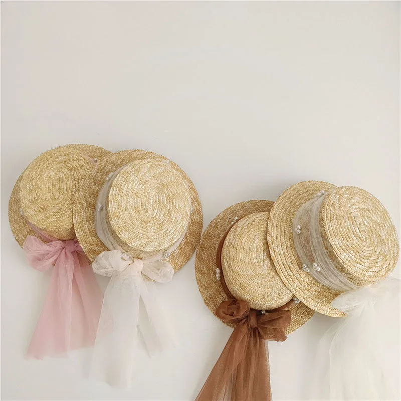 

Шляпка от солнца в стиле INS для маленьких девочек, кружевная сетчатая пляжная шапка с бантом и жемчугом, модные аксессуары для праздника принцессы