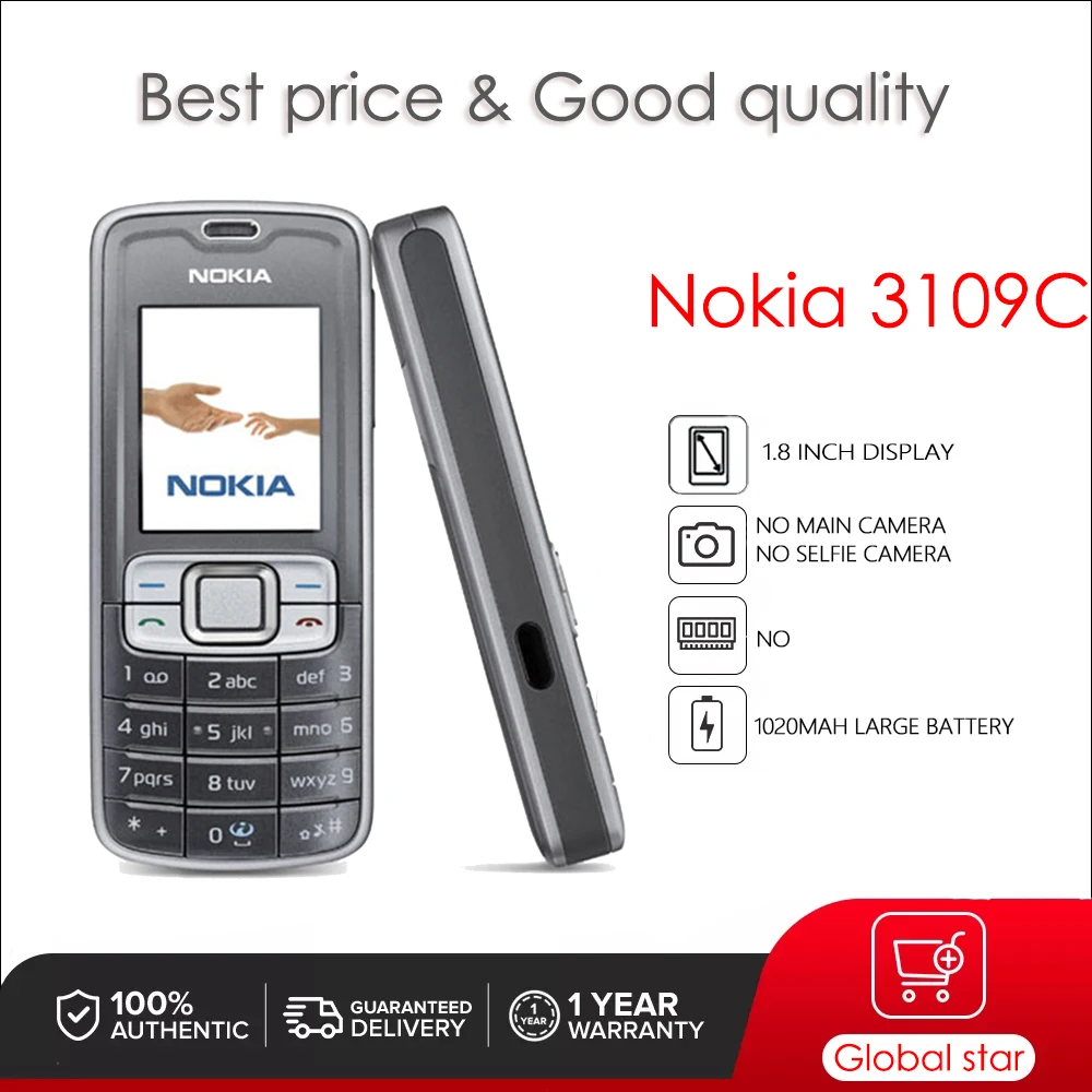 

Nokia 3109 Classic 3109C Original Unlocked 1.8 inch Removable Li-Ion 1020 mAh battery 2G mobile phone