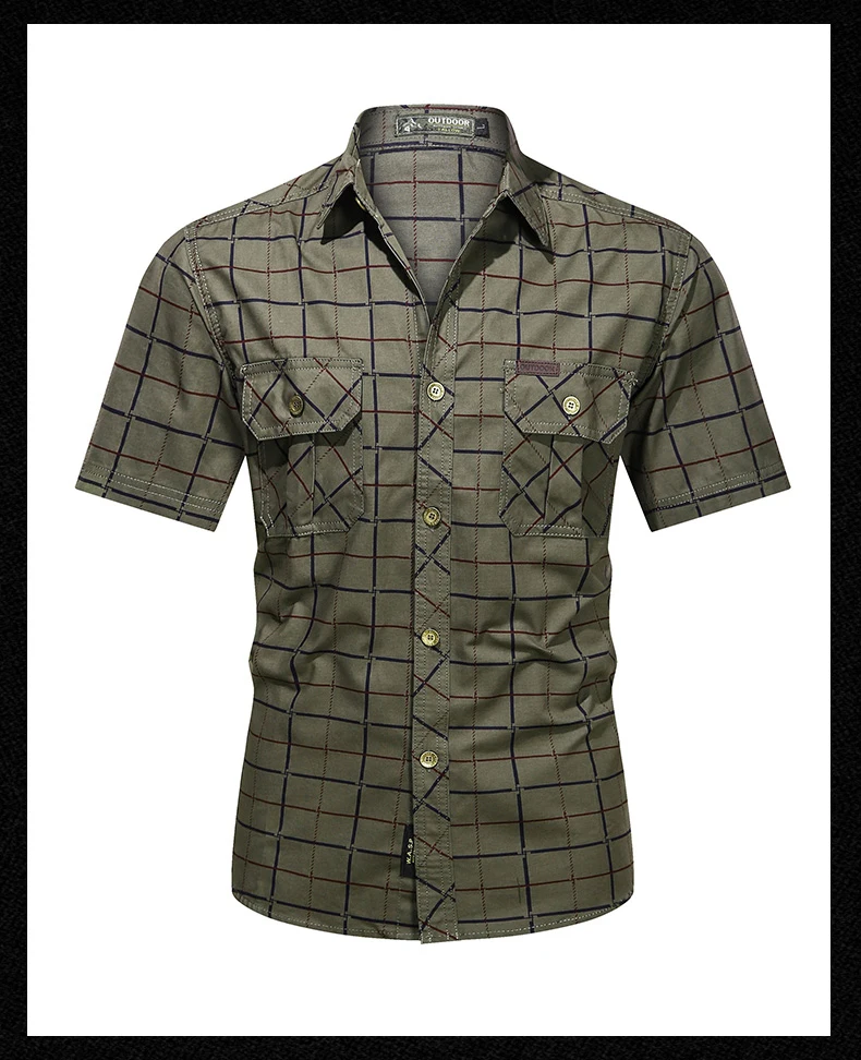 

2021 Summer Men Military Shirt Short-sleeve Dress 100% Cotton Top Work Clothing Casual Tops Male Lapel Plaid Shirt Plus Size 5XL