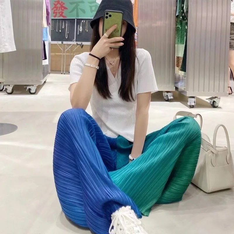 Summer New Ice Silk Women's Tie-dyed Gradient Pleated Wide Leg Pants Loose and Thin Casual Trousers Trend Fashion Clothing