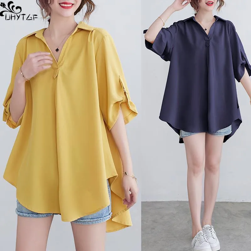 

UHYTGF Chiffon Shirt Women Summer Korean Loose Solid Color Lapel Five-Point Sleeve Asymmetrical Fashion Elegant Ladies Shirt Top