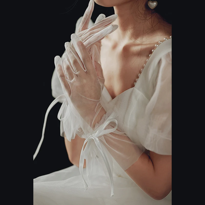 Модные Элегантные Свадебные короткие белые перчатки дышащие тюлевые Ленточные