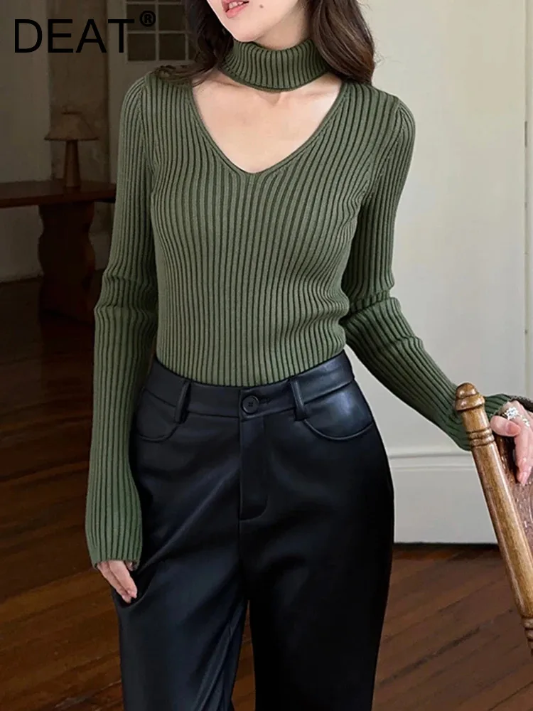 

DEAT Fashion Women's Knitted Pullovers Turtleneck Hollow Out Slim Olive Long Sleeve Bottom Sweater Winter 2023 New 7AB2763